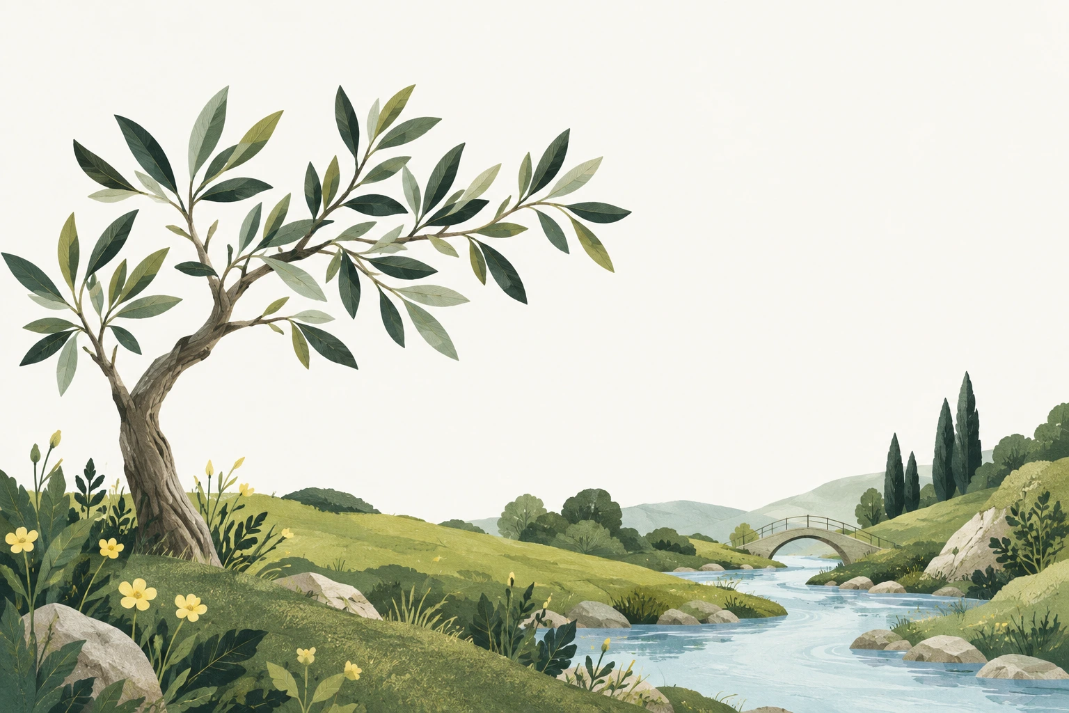 An olive tree growing beside a stream and a footbridge