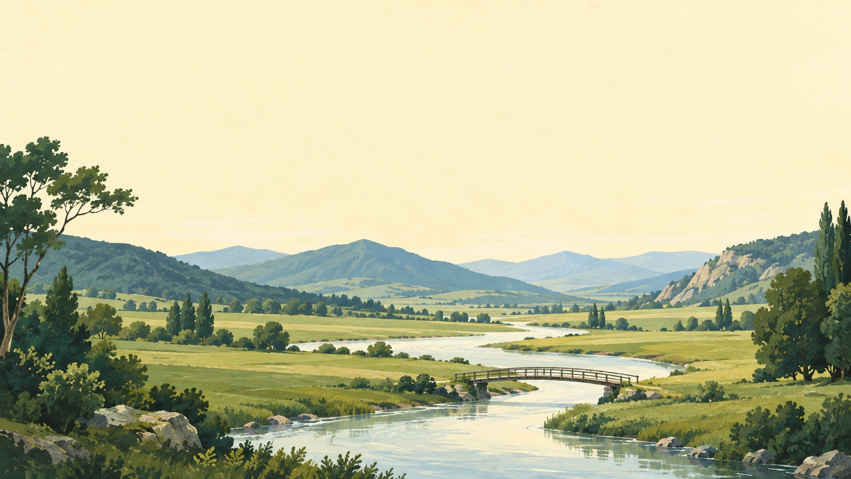 A painted river winding through green meadows, connected by a small footbridge